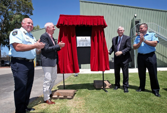L-R: Darren Klemm (Commissioner, Fire and Emergency Services), Fran Logan (Minister for Emergency Services), Logan Howlett (Mayor, City of Cockburn) and Jarrad Fowler (Captain, Jandakot Volunteer Bush Fire Brigade), seen here unveiling the plaque at the opening of the Jandakot Volunteer Bush Fire Brigade Station. Picture: David Baylis.