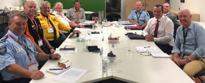 Premier Mark McGowan, Emergency Services Minister Fran Logan, Bushfire Volunteers President Dave Gossage and leaders of other volunteer associations January 2020