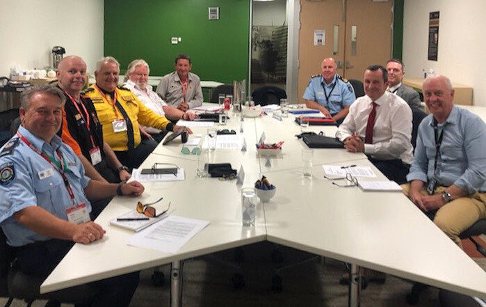 Premier Mark McGowan, Emergency Services Minister Fran Logan, Bushfire Volunteers President Dave Gossage and leaders of other volunteer associations January 2020