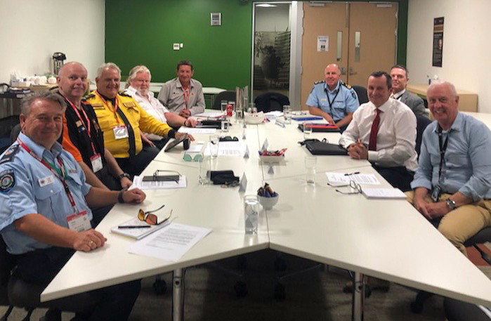Premier Mark McGowan, Emergency Services Minister Fran Logan, Bushfire Volunteers President Dave Gossage and leaders of other volunteer associations January 2020