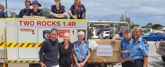 Two Rocks Volunteer Bush Fire Brigade members with Yanchep Beach Joint Venture chief executive Gin Wah Ang and Wanneroo Mayor Tracey Roberts. Pictures supplied