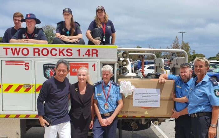 Two Rocks Volunteer Bush Fire Brigade members with Yanchep Beach Joint Venture chief executive Gin Wah Ang and Wanneroo Mayor Tracey Roberts. Pictures supplied