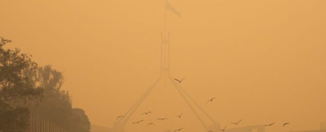 Smoke blanketing Parliament House in January. Photo: Region Media.