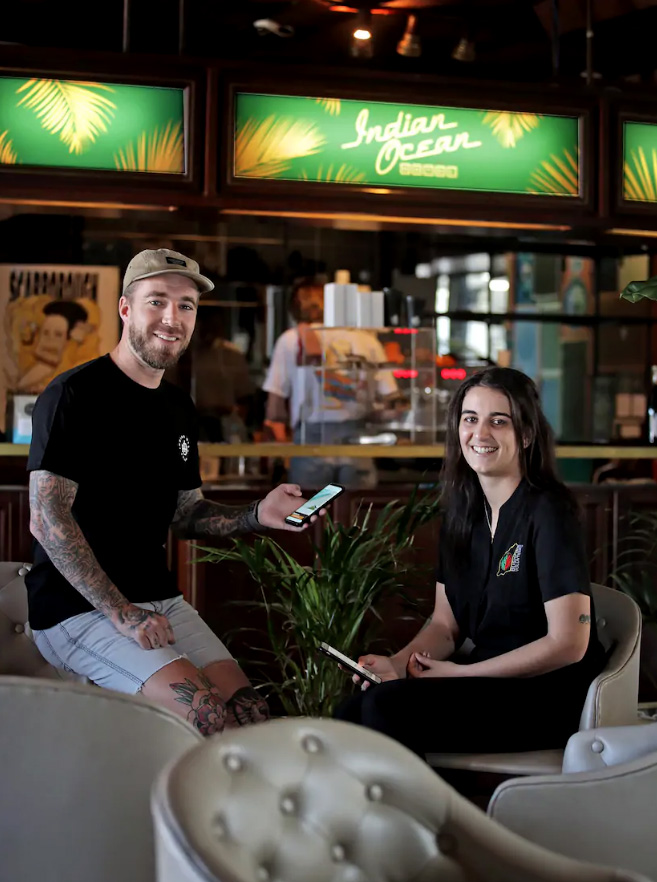 L-R: Mathieu Bourget (General Manager, Indian Ocean Hotel) and Sinead Burke (Media and Communications Manager, Bushfire Volunteers). Credit: David Baylis/Community News