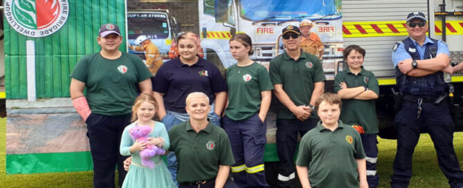 Cadet ninjas Colleen and Brad Warr, Police Officer Dave Harnett and some of the amazing team of cadets at the Dwellingup Volunteer Bushfire Brigade, June 2020