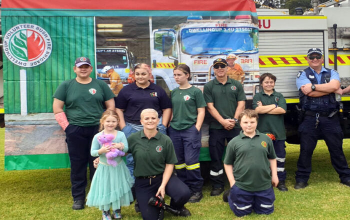 Cadet ninjas Colleen and Brad Warr, Police Officer Dave Harnett and some of the amazing team of cadets at the Dwellingup Volunteer Bushfire Brigade, June 2020