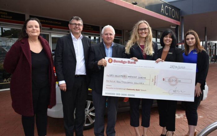 The Mail's sales manager Mandy Gibson, Bendigo Bank rep David Johnston, Volunteer Fire and Rescue Service rep Rob Papalia, Bendigo Bank rep Malin Selemark, Acton marketing manager Sarah Staphorst and C&R Settlements rep Shanae Dudarec.
