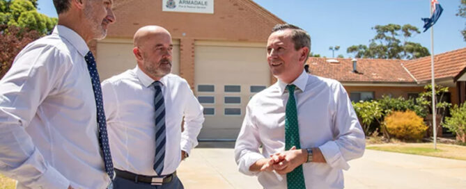 Premier Mark McGowan, Member for Armadale Tony Buti and WA Labor Candidate for Darling Range Hugh Jones standing in front of the Armadale Fire and Rescue Station