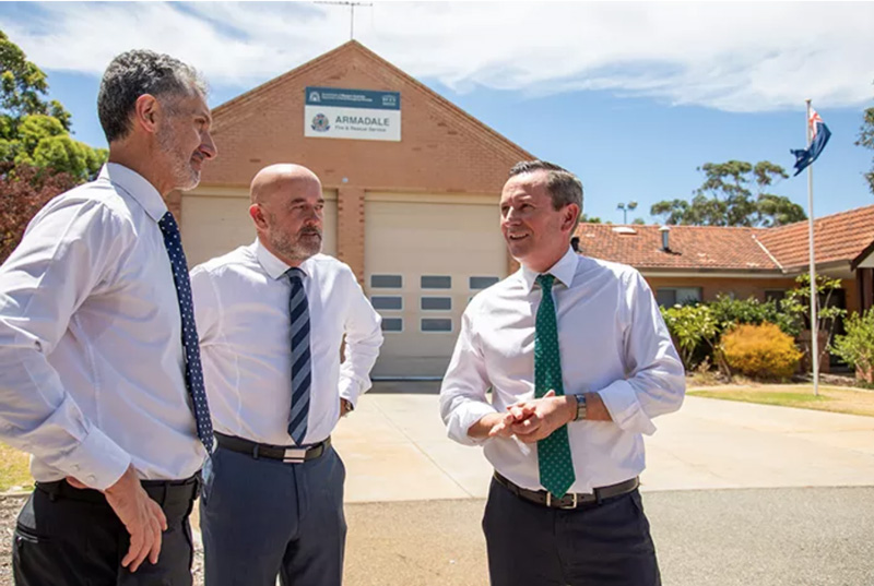 Premier Mark McGowan, Member for Armadale Tony Buti and WA Labor Candidate for Darling Range Hugh Jones standing in front of the Armadale Fire and Rescue Station