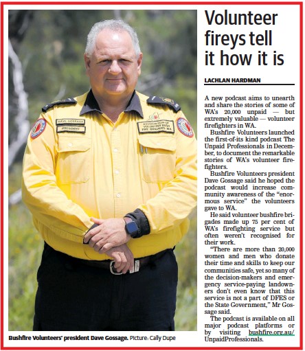 Bushfire Volunteers President Dave Gossage AFSM in The Countryman newspaper re Unpaid Professionals podcast
