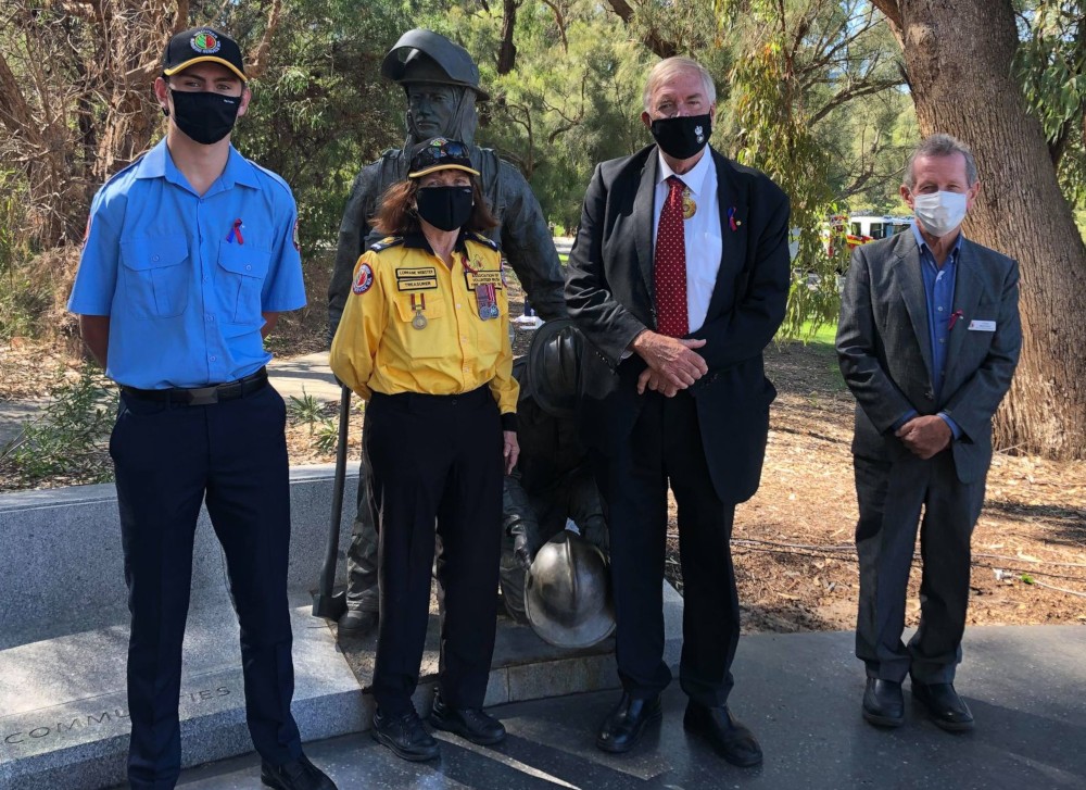 International Firefighters Day 2021 Memorial Perth Western Australia volunteer Rhys McDonald, Bushfire Volunteers' Lorraine Webster, Governor of Western Australia Kim Beazley AC and former Bushfire Volunteers' Secretary John Mangini