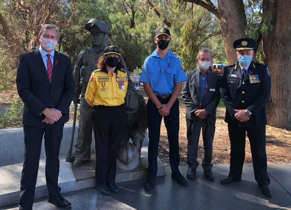 Minister Reece Whitby MLA, Bushfire Volunteers' Lorraine Webster, Member Rhys McDonald and John Mangini, and FES Commissioner Darren Klemm at the International Firefighters Day 2021 Memorial Service in Kings Park, Perth